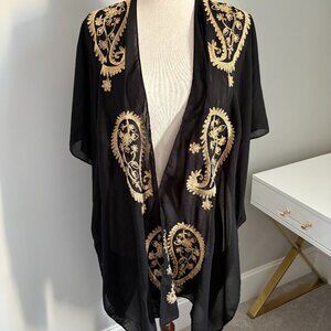 Jessica McClintock Black Sheer Shawl with Gold Embroidery